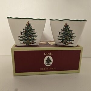 SPODE Christmas Tree Set of Two Pierced Candle Votives with Green Tealights NEW